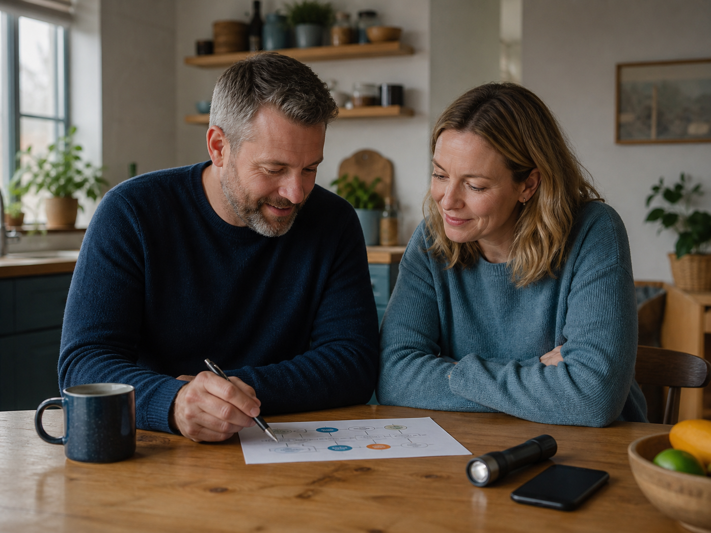 Two adults review a simple household continuity plan at a kitchen table.